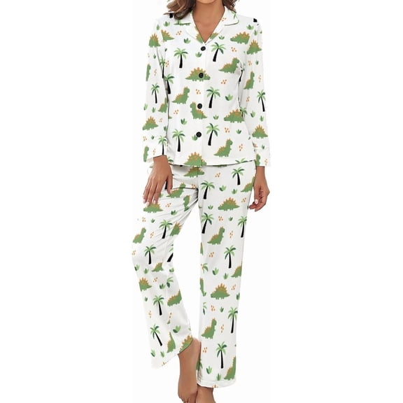 Top-kevin Pajama Sets for Womens Dinosaur Palm Trees Loose Button Down Long Sleeve Shirts And Pants Set