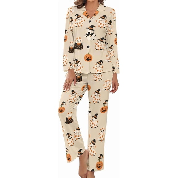 Top-kevin Pajama Sets for Womens Halloween Ghosts Flowers Loose Button Down Long Sleeve Shirts And Pants Set