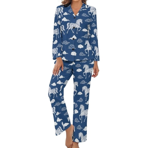 Top-kevin Pajama Sets for Womens Horses Running Starry Night Loose Button Down Long Sleeve Shirts And Pants Set