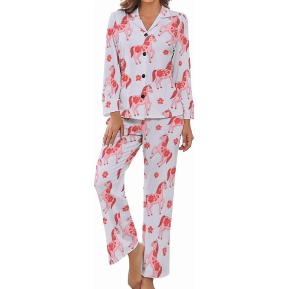 Top-kevin Pajama Sets for Womens Horses Running Starry Night Loose Button Down Long Sleeve Shirts And Pants Set