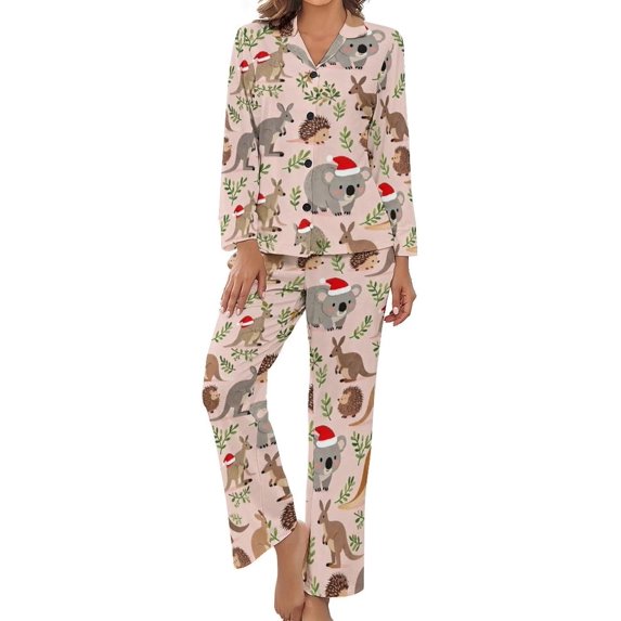 Top-kevin Pajama Sets for Womens Koalas Kangaroos Hedgehogs Hat Loose Button Down Long Sleeve Shirts And Pants Set
