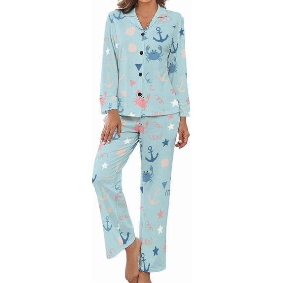 Top-kevin Pajama Sets for Womens Lobster Pattern Loose Button Down Long Sleeve Shirts And Pants Set