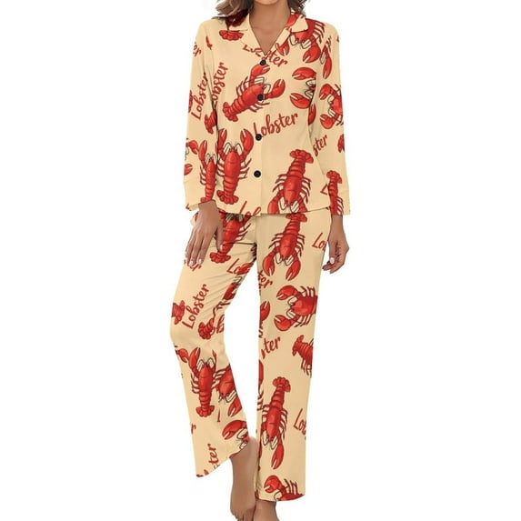 Top-kevin Pajama Sets for Womens Lobster Pattern Loose Button Down Long Sleeve Shirts And Pants Set