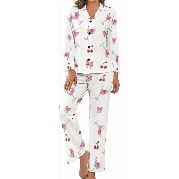 Top-kevin Pajama Sets for Womens Martini Cherry Bow Loose Button Down Long Sleeve Shirts And Pants Set