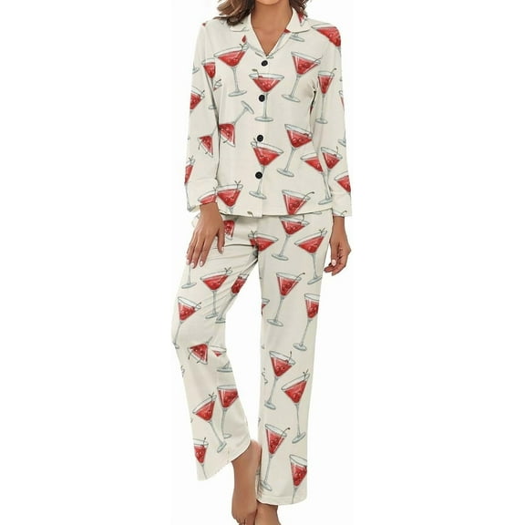 Top-kevin Pajama Sets for Womens Martini Glasses Cherries Loose Button Down Long Sleeve Shirts And Pants Set