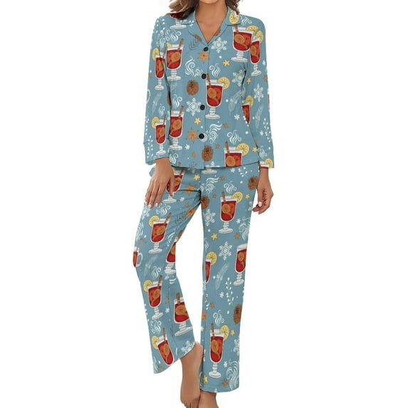 Top-kevin Pajama Sets for Womens Winter Cocktail Pattern Loose Button Down Long Sleeve Shirts And Pants Set