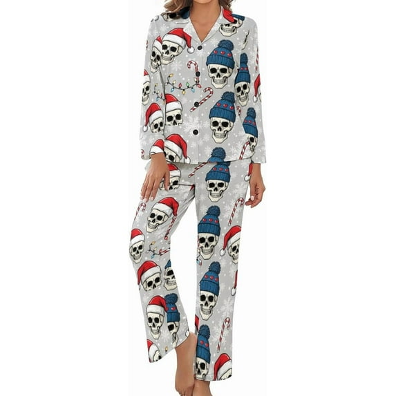 Top-kevin Pajama Sets for Womens Winter Cocktail Pattern Loose Button Down Long Sleeve Shirts And Pants Set