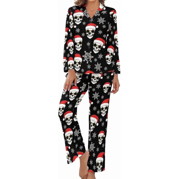 Top-kevin Pajama Sets for Womens Winter Cocktail Pattern Loose Button Down Long Sleeve Shirts And Pants Set