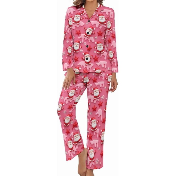 Top-kevin Pajama Sets for Womens Winter Cocktail Pattern Loose Button Down Long Sleeve Shirts And Pants Set