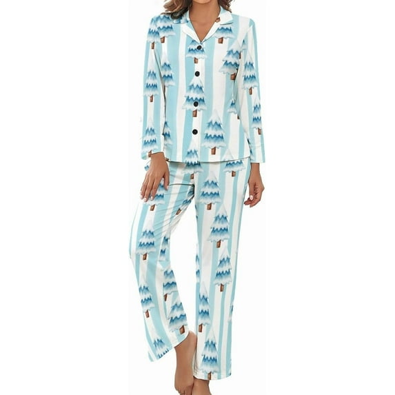 Top-kevin Pajama Sets for Womens Winter Cocktail Pattern Loose Button Down Long Sleeve Shirts And Pants Set