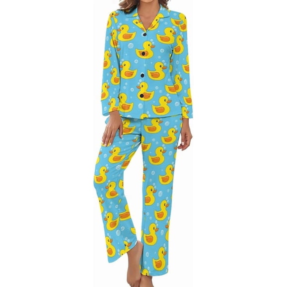 Top-kevin Pajama Sets for Womens Yellow Rubber Ducks Loose Button Down Long Sleeve Shirts And Pants Set