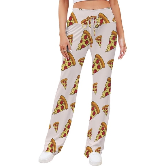 Top-kevin Pizza Slices Pattern Women's Straight Lace Up Yoga Pants Flare Loose Comfy Lounge Wide Leg High Waist