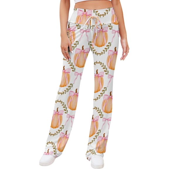 Top-kevin Pumpkin Pink Bow Cute Women's Yoga Pants Wide Leg Loose Casual Straight Lace Up Pants Lounge Sweatpants