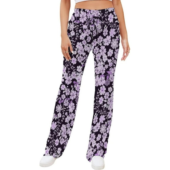 Top-kevin Purple Small Flowers Women's Straight Lace Up Yoga Pants Flare Loose Comfy Lounge Wide Leg High Waist