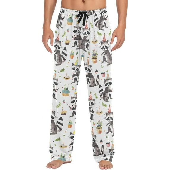 Top-kevin Raccoon Birthday Cake Pajama Pants for Men Comfort Sleep Lounge Bottoms Straight-fit with Pockets S-XXL