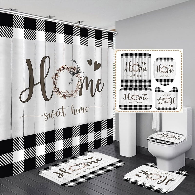 Topkevin Shower Curtain Set 4pcs Black and White Plaid Bathroom Decor