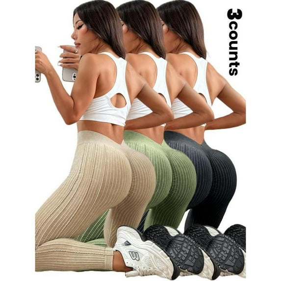 Top-kevin Sporty Women's Solid Color Jacquard Ruched V-waist Sports Leggings, Casual Comfy Breathable High Waist Skinny Pants for Yoga Gym Workout Running