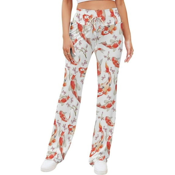 Top-kevin Spring Koi Fish Flower Women's Yoga Pants Wide Leg Loose Casual Straight Lace Up Pants Lounge Sweatpants