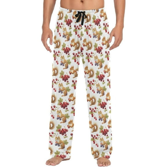 Top-kevin Squirrel Berry Print Pajama Pants for Men Comfort Sleep Lounge Bottoms Straight-fit with Pockets S-XXL