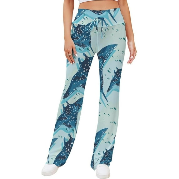 Top-kevin Stingray Underwater Sea Pattern Yoga Pants Women Wide Leg Pants Casual High Waisted Straight Lace Up Lounge Sweatpants