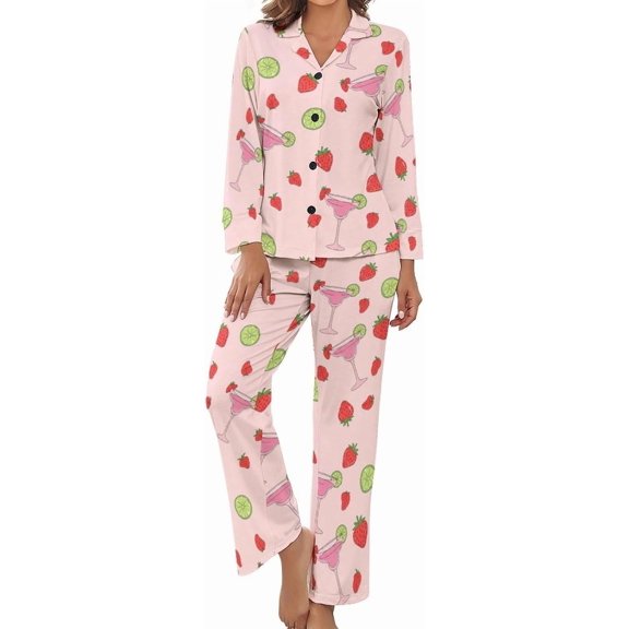 Top-kevin Strawberries Tea Cups Flowers Women's Long-Sleeve Shirt And Full-Length Bottom Pajama Set
