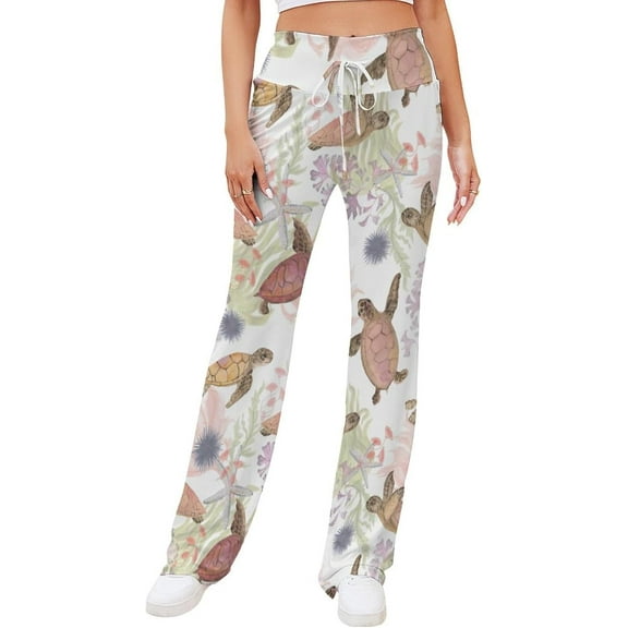 Top-kevin Summer Turtles Sea Seaweed Yoga Pants Women Wide Leg Pants Casual High Waisted Straight Lace Up Lounge Sweatpants