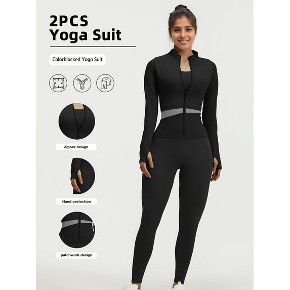Top-kevin Two Piece Women's Sports Set Colorblocked Fitness Set Athletic Top and High Waisted Leggings Euro Size Fit for Running, Fitness and Yoga