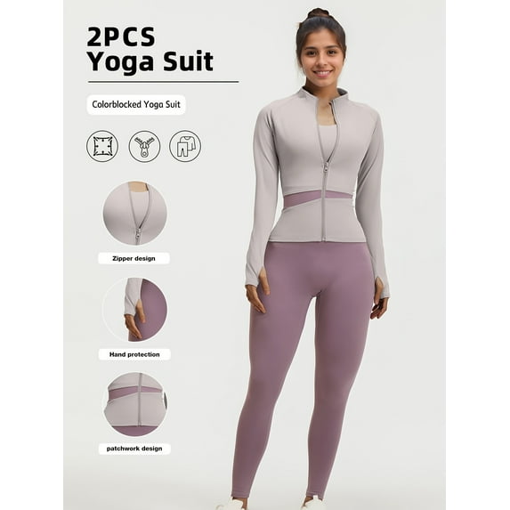 Top-kevin Two Piece Women's Sports Set Colorblocked Fitness Set Athletic Top and High Waisted Leggings Euro Size Fit for Running, Fitness and Yoga