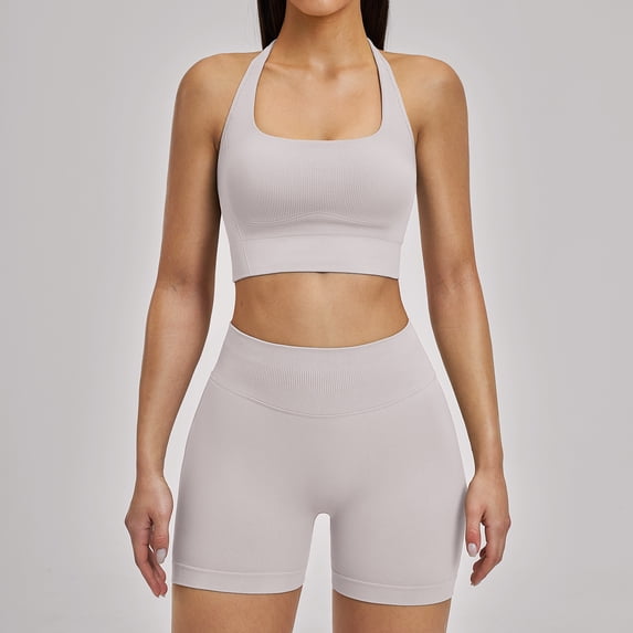 Top-kevin Women 2 Piece Workout Sets High Waisted Tummy Control Biker Shorts Halter Padded Tank Tops