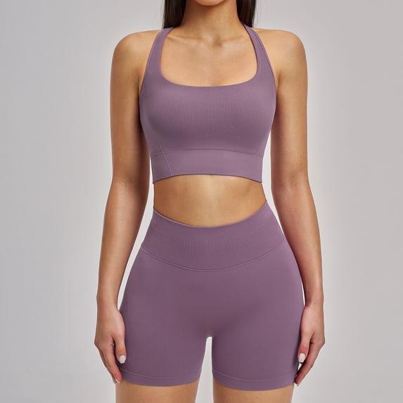 Top-kevin Women 2 Piece Workout Sets High Waisted Tummy Control Biker Shorts Halter Padded Tank Tops