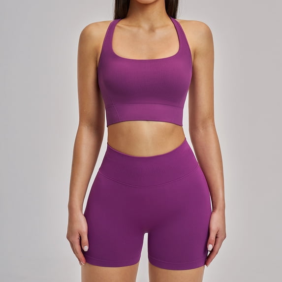 Top-kevin Women 2 Piece Workout Sets High Waisted Tummy Control Biker Shorts Halter Padded Tank Tops