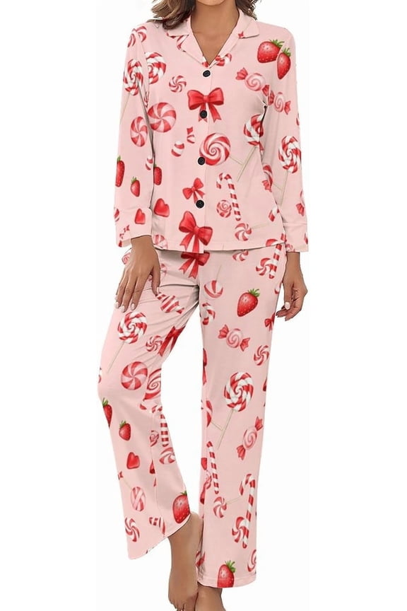 Women Long Sleeve Pajama Set Comfy Pjs Sets Candy Canes Lollipops 2 Piece Lounge Set