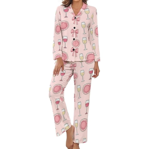 Top-kevin Women Long Sleeve Pajama Set Comfy Pjs Sets Champagne Bottles Glasses Stars 2 Piece Lounge Set