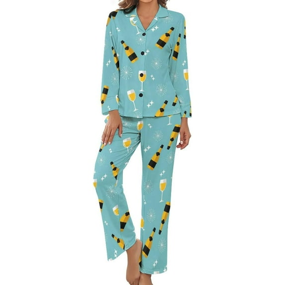 Top-kevin Women Long Sleeve Pajama Set Comfy Pjs Sets Champagne Bottles Glasses Stars 2 Piece Lounge Set