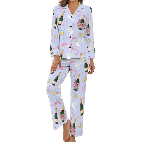 Top-kevin Women Long Sleeve Pajama Set Comfy Pjs Sets Champagne Bottles Glasses Stars 2 Piece Lounge Set