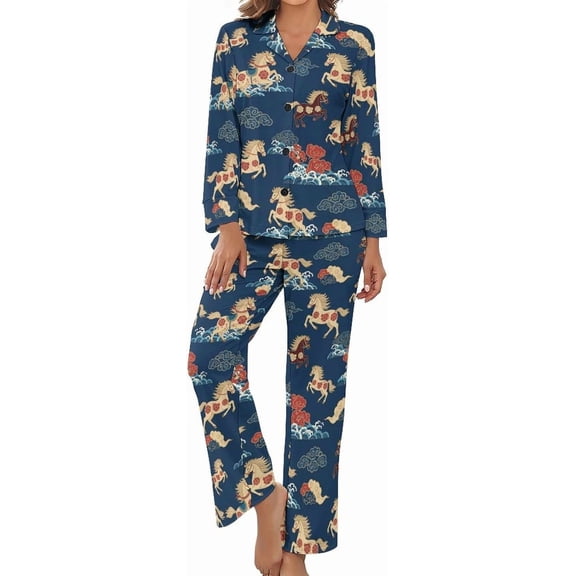 Top-kevin Women Long Sleeve Pajama Set Comfy Pjs Sets Horses Flowers Pattern 2 Piece Lounge Set