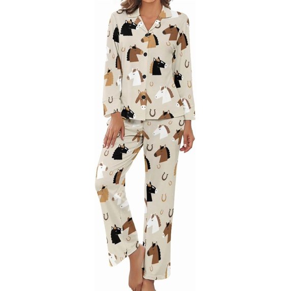 Top-kevin Women Long Sleeve Pajama Set Comfy Pjs Sets Horses Flowers Pattern 2 Piece Lounge Set