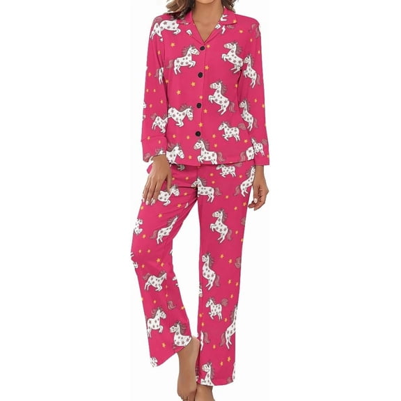 Top-kevin Women Long Sleeve Pajama Set Comfy Pjs Sets Horses Flowers Pattern 2 Piece Lounge Set