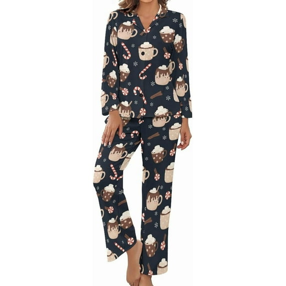 Top-kevin Women Long Sleeve Pajama Set Comfy Pjs Sets Hot Chocolate Mugs 2 Piece Lounge Set