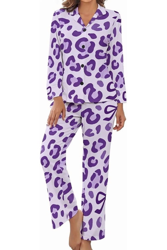 Women Long Sleeve Pajama Set Comfy Pjs Sets Purple Leopard Bows 2 Piece Lounge Set