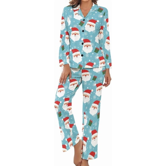 Top-kevin Women Long Sleeve Pajama Set Comfy Pjs Sets Santa Faces Snowflakes 2 Piece Lounge Set