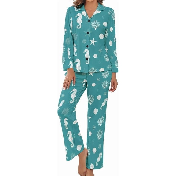 Top-kevin Women Long Sleeve Pajama Set Comfy Pjs Sets Seahorse Coral Bubbles 2 Piece Lounge Set