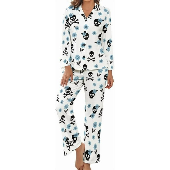 Top-kevin Women Long Sleeve Pajama Set Comfy Pjs Sets Skull Flower Pattern 2 Piece Lounge Set