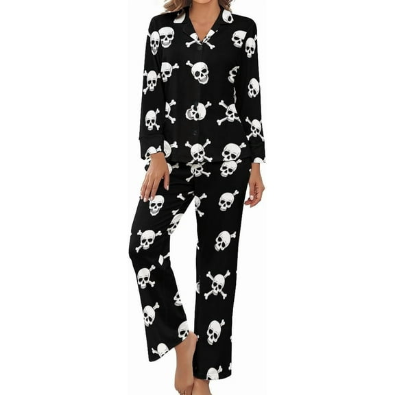 Top-kevin Women Long Sleeve Pajama Set Comfy Pjs Sets Skull Flower Pattern 2 Piece Lounge Set