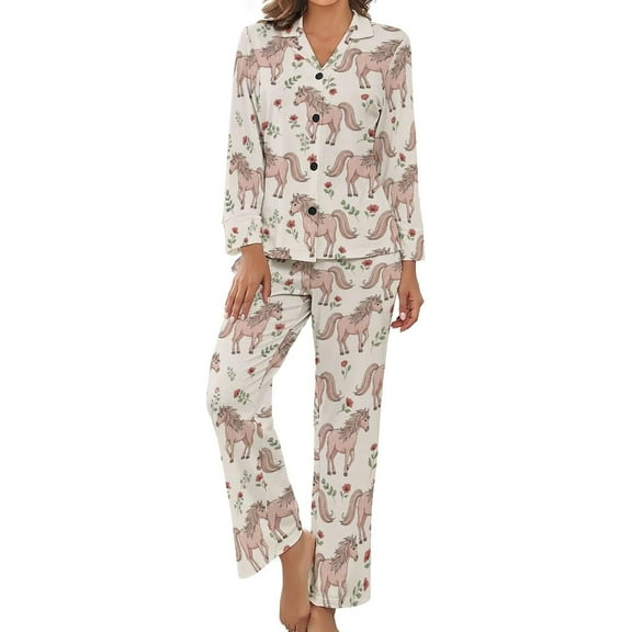 Top-kevin Women Long Sleeve Pajama Set Comfy Pjs Sets Vintage Horses Flowers 2 Piece Lounge Set