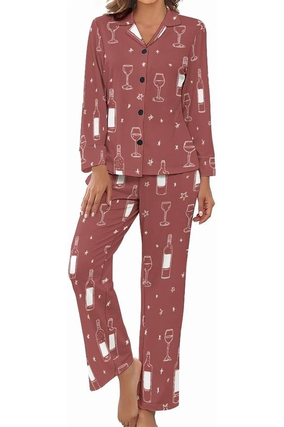 Women Long Sleeve Pajama Set Comfy Pjs Sets Wine Bottles Glasses 2 Piece Lounge Set