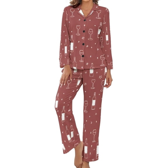 Top-kevin Women Long Sleeve Pajama Set Comfy Pjs Sets Wine Bottles Glasses 2 Piece Lounge Set