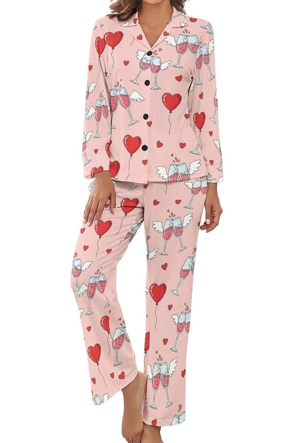 Women Long Sleeve Pajama Set Comfy Pjs Sets Wine Glasses Hearts Balloons 2 Piece Lounge Set