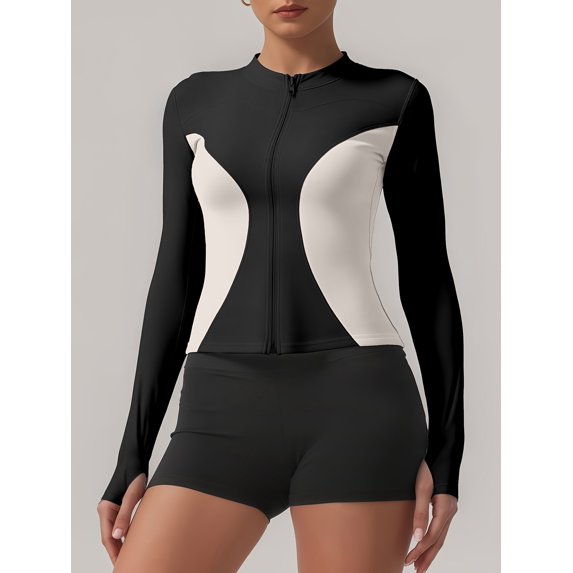 Top-kevin Women'S Sport Color-Block Jacket with Zipper Long Sleeve Tights Running Fitness Jacket Suitable for Cycling Yoga Sports