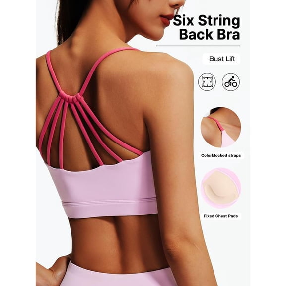 Top-kevin Women'S Sports Bra with Six String Back, Medium Support, Crew Neck, Non-Removable Padding, Knit Fabric, Polyester 82.5% Elastane 17.5%, Solid Color, Casual Wear, Medium Stretch